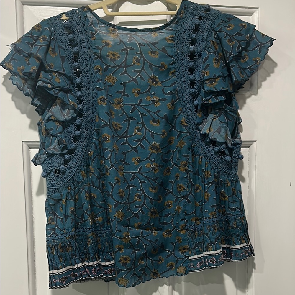 Sea Green Flutter Sleeve Ruffled Blouse
